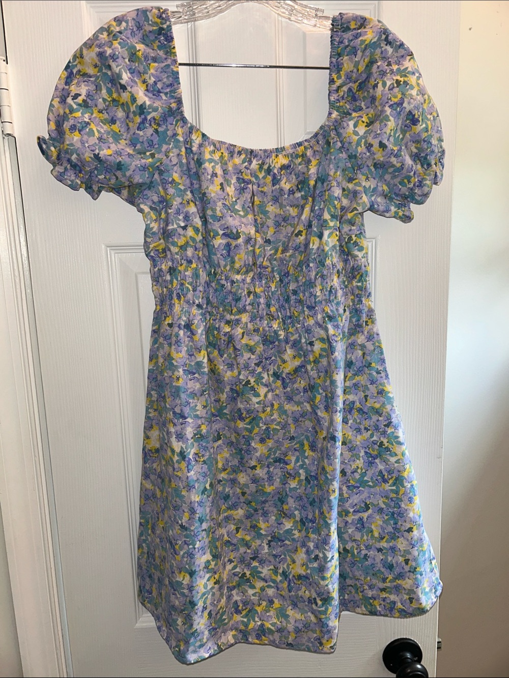 iris Lavender Floral Puff-Sleeve Casual Dress with Yellow & Green Accents